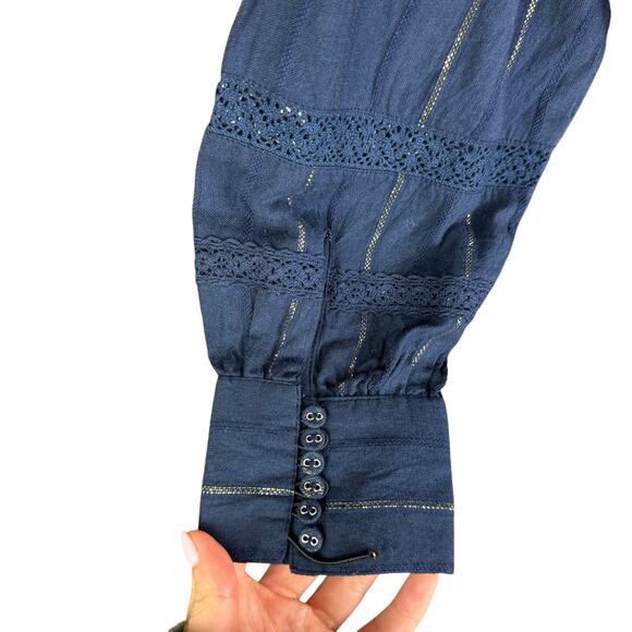 DRA Los Angeles Navy Gold Metallic Striped Eyelet Long Sleeve Shift Mini Dress - Picture 9 of 12